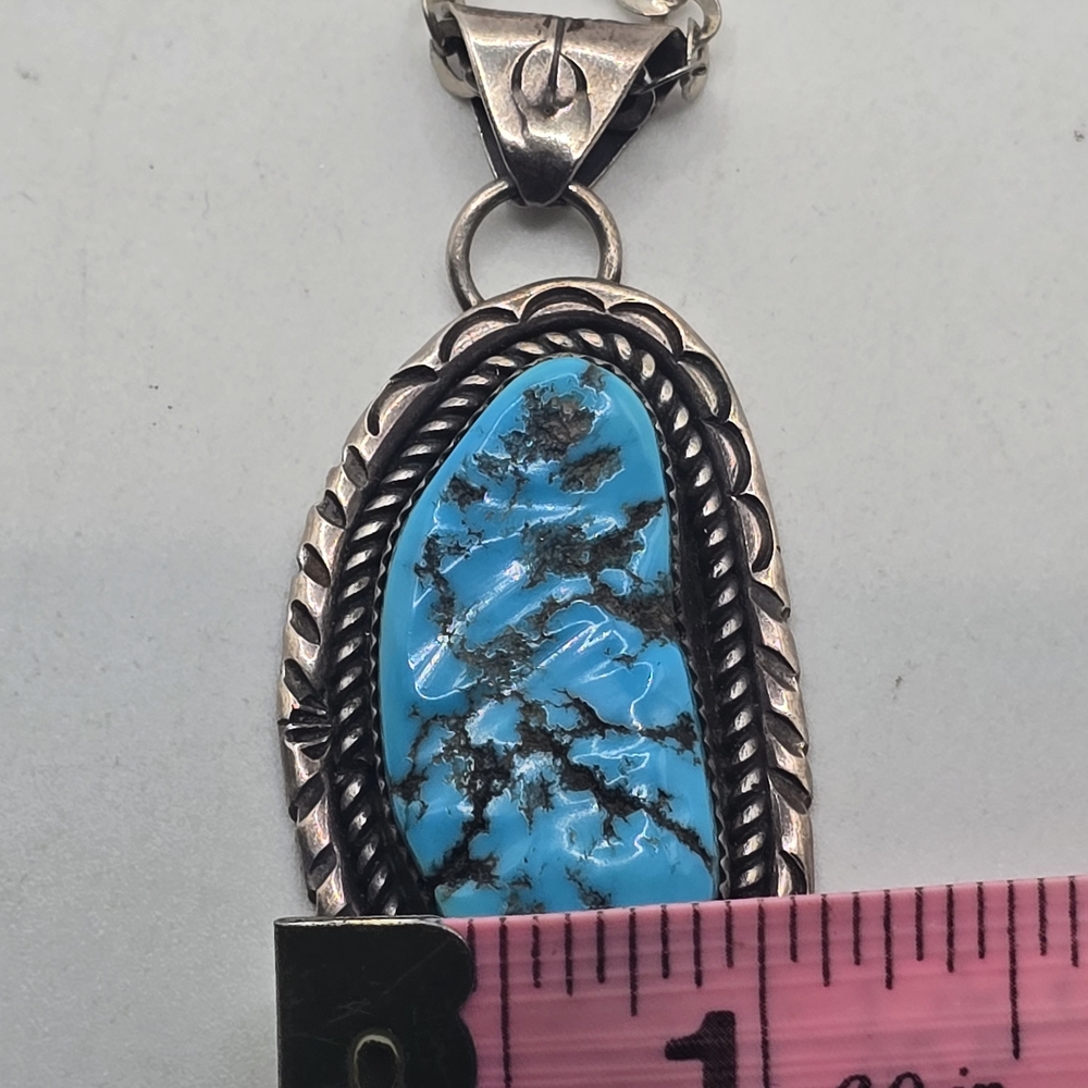 Vintage Native American Sterling Silver Signed Turquoise Pendant Necklace - Picture 6 of 10